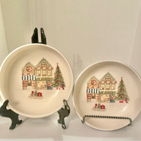 Pier 1  Xmas Village Scenes 8” Bowls Toy Store Christmas Ironstone Set of 2 - Picture 2 of 9